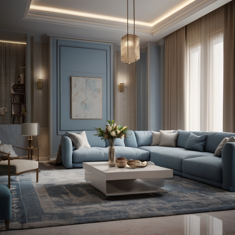 Living room and dining area with a consistent color palette of soft blues and neutral tones, no separation