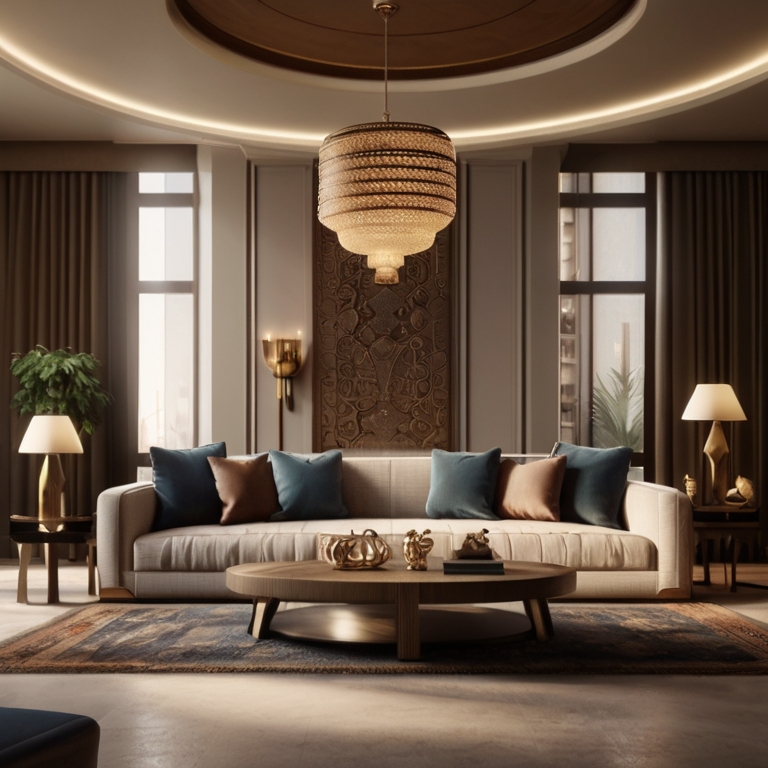 Modern and classic furniture pieces in a living room. Text to Image Prompt: "A living room with modern and classic furniture pieces, all connected by a color scheme