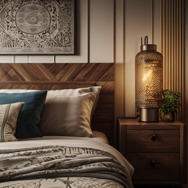 Bedroom with wooden headboard, metal lamp and patterned throw pillows, balanced textures and patterns
