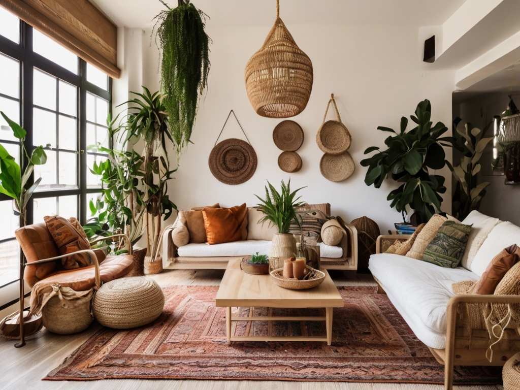 Default_A_bohostyled_living_room_with_hanging_plants_woven_rug_1