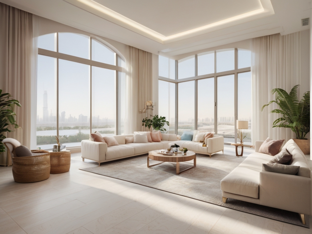 A bright and airy living room with white walls and light-colored flooring, creating a spacious and open atmosphere in a Dubai home