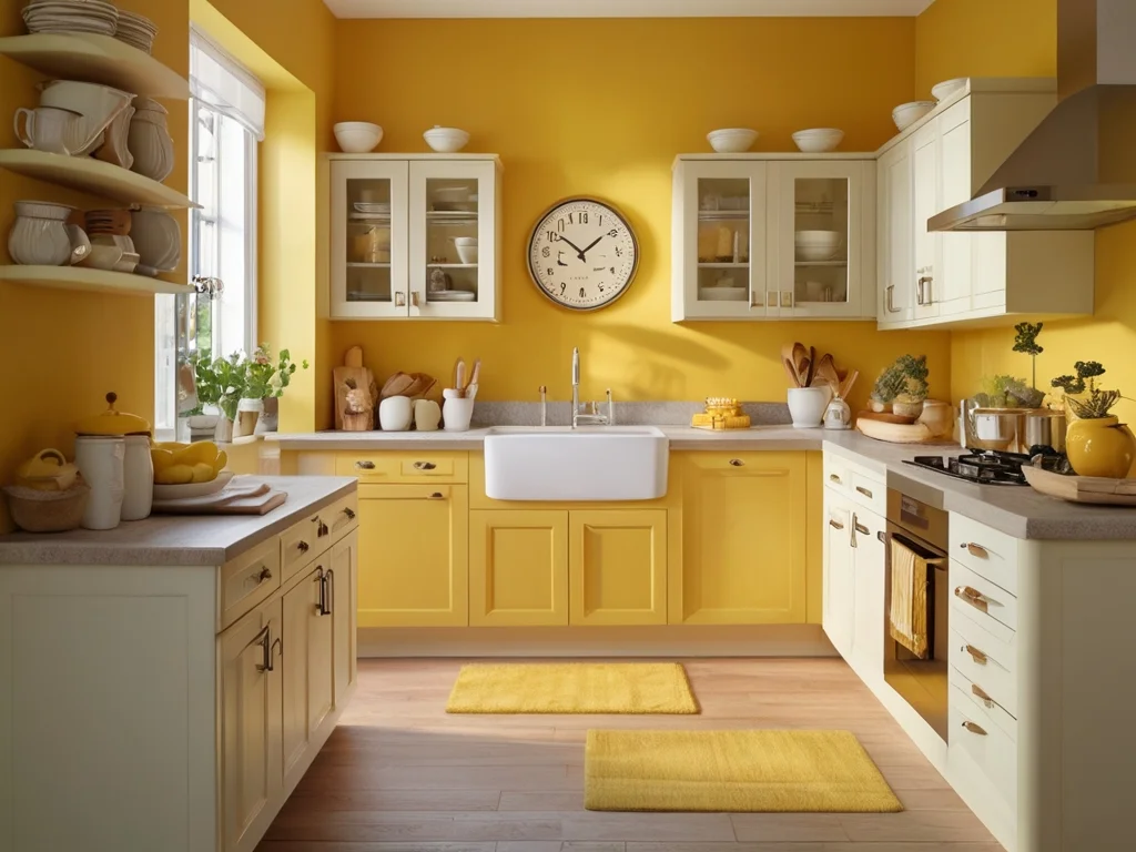 A bright and cheerful kitchen with yellow walls and white cabinetry, radiating warmth and happiness.
