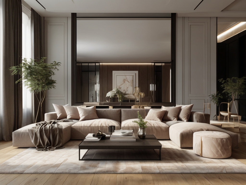 A chic living room with large mirrors placed opposite windows, reflecting natural light and creating an illusion of a larger space.