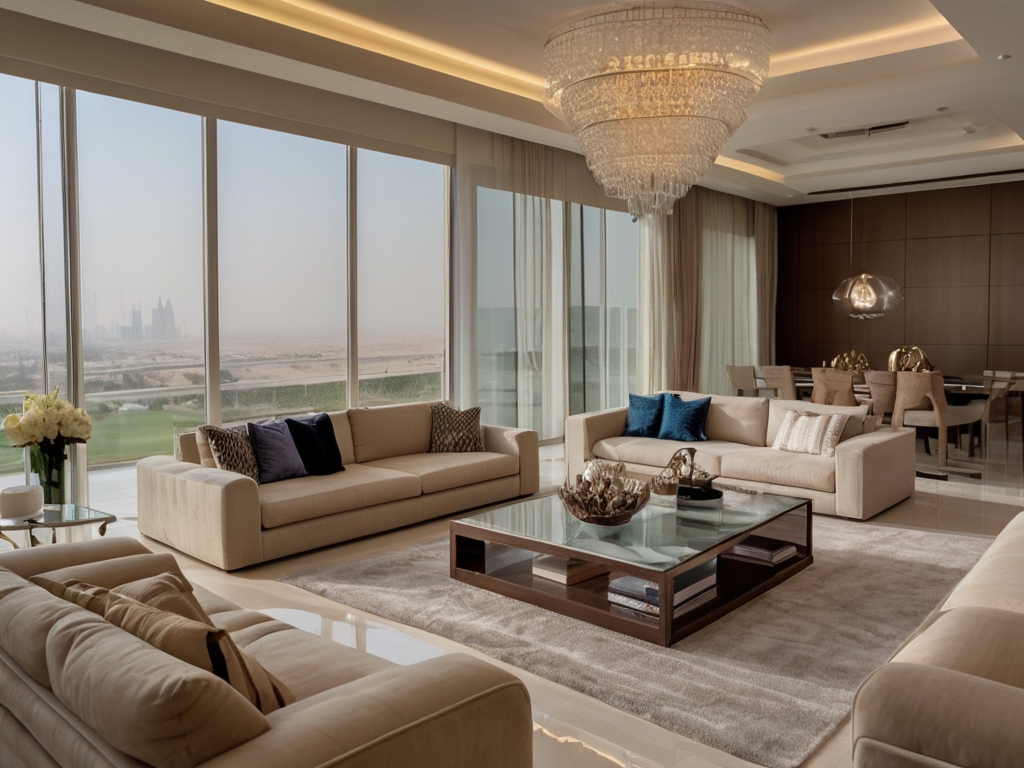 A contemporary living room featuring a glass coffee table and acrylic chairs, giving a spacious and airy feel in a Dubai home.