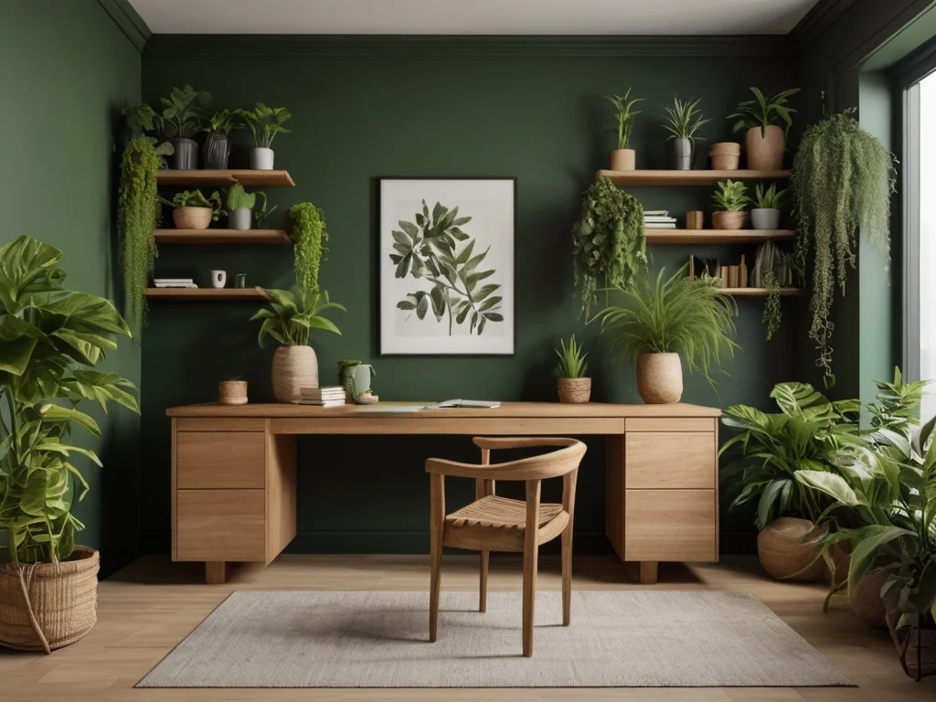 A home office with green walls, wooden furniture, and an abundance of plants, fostering a balanced and renewing environment