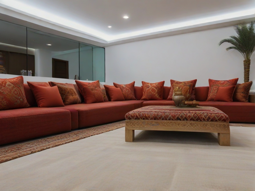 A traditional Majlis with low seating, patterned carpets, and vibrant cushions.