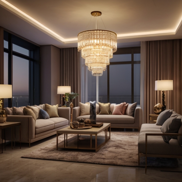 A living room with layered lighting, chandelier, floor lamps and accent lighting.