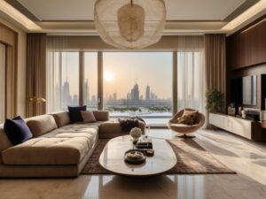 A luxurious Dubai living room with large windows, light drapes, multi-functional furniture, and a bright, open feel.
