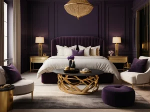 A luxurious bedroom with dark purple walls, gold accents, and elegant furnishings, exuding sophistication and creativity.