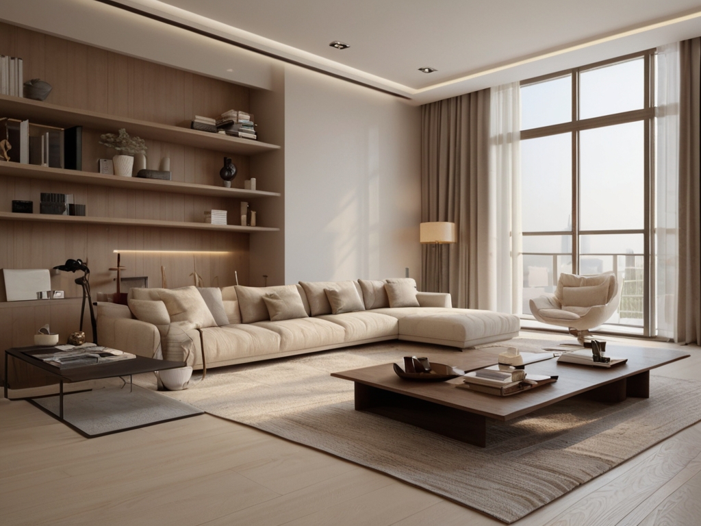 A minimalist living room with wall-mounted shelves and clear, open floor space, creating a more spacious feel in a Dubai apartment.