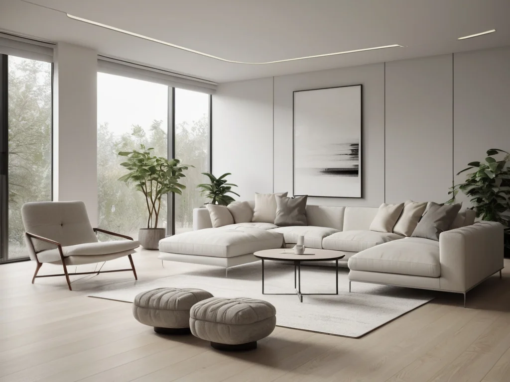 A minimalist living room with white walls, sleek furniture, and subtle decorative elements, showcasing cleanliness and simplicity.