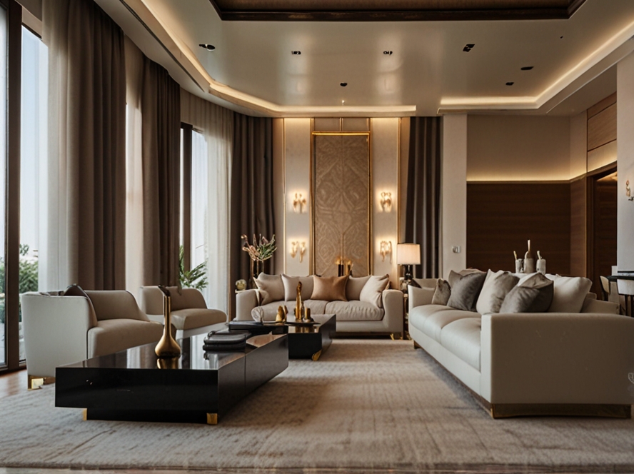 A modern Majlis with sleek furniture and neutral tones.