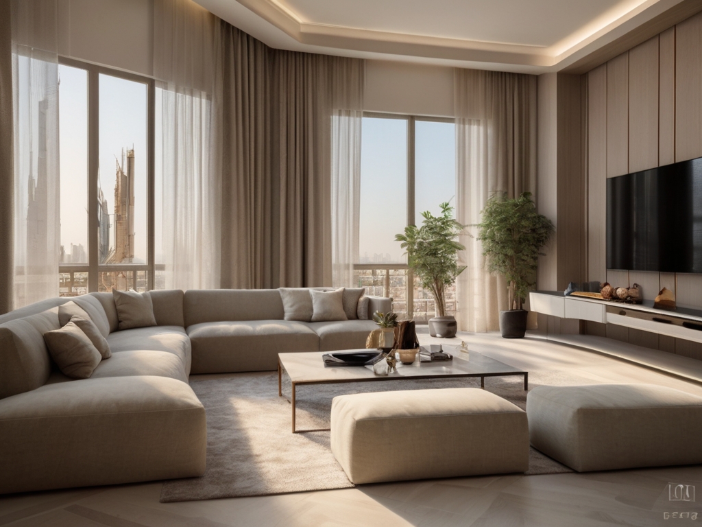 A modern living room in Dubai with large windows adorned with sheer, light drapes, allowing abundant natural light to flood the space.