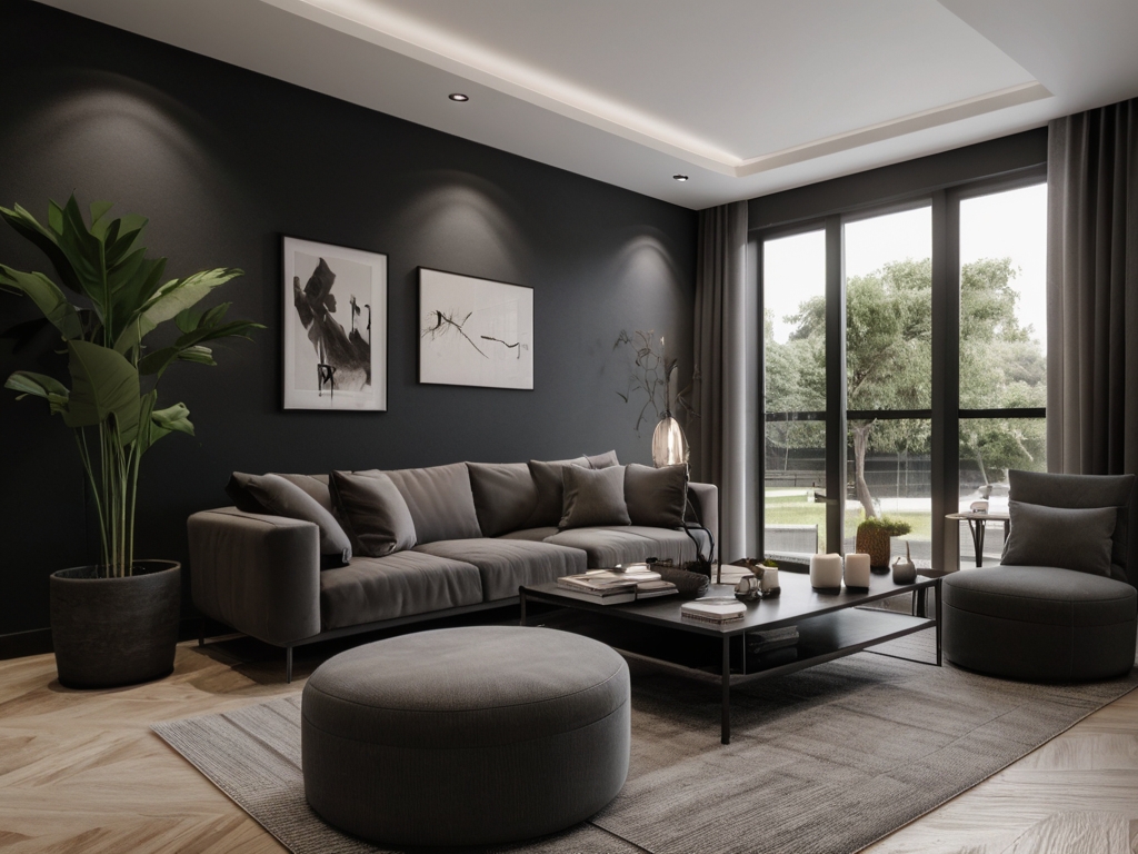 A modern living room with dark walls and light flooring, adding depth and contrast