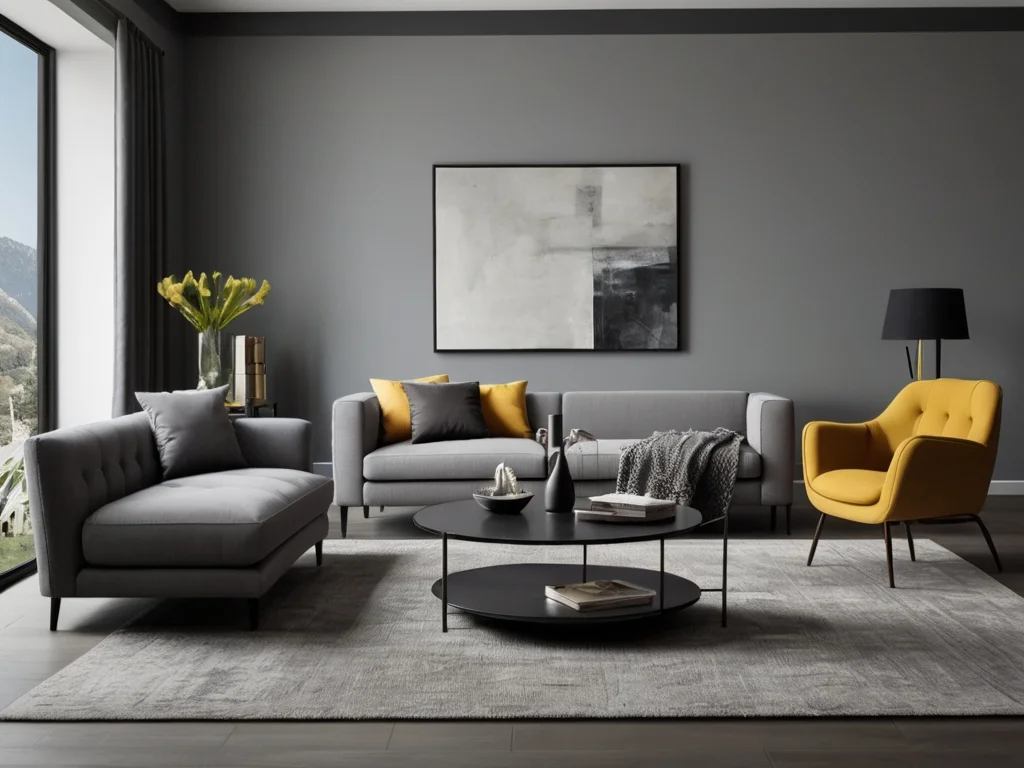 A modern living room with gray walls, a variety of furniture in different shades of gray, and vibrant accent pieces, providing a balanced and sophisticated look.