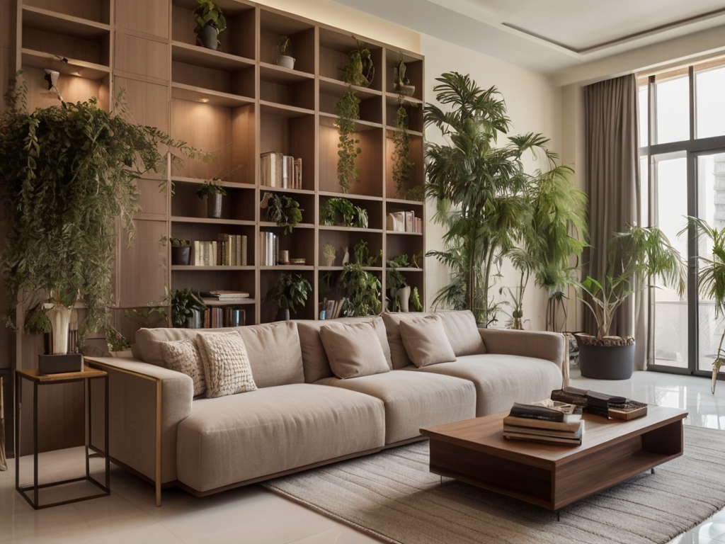 A modern living room with tall bookshelves and hanging plants, utilizing vertical space to create a sense of height in a Dubai home.