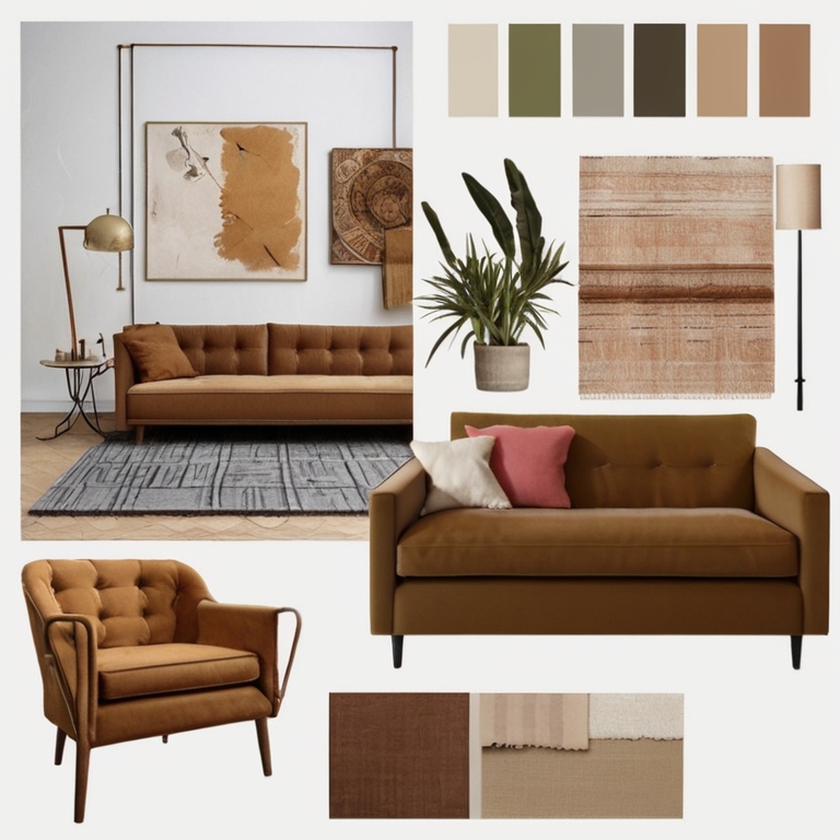 A mood board displaying various interior design styles such as modern, classic, and bohemian, with fabric swatches, furniture images, and color samples