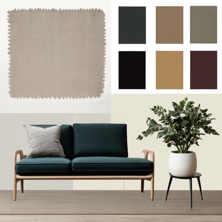 A mood board with fabric swatches, paint colors and furniture styles. Text to Image Prompt: "Mood board with fabric swatches, paint colors and furniture styles, modern and classic mix