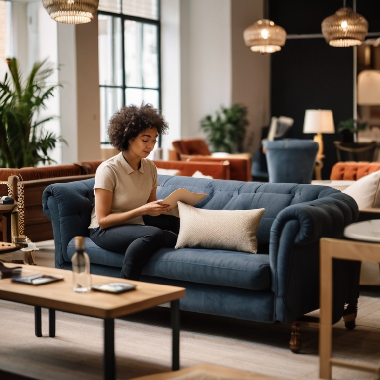 A person sitting on a sofa in a furniture store, testing its comfort and support before purchasing.