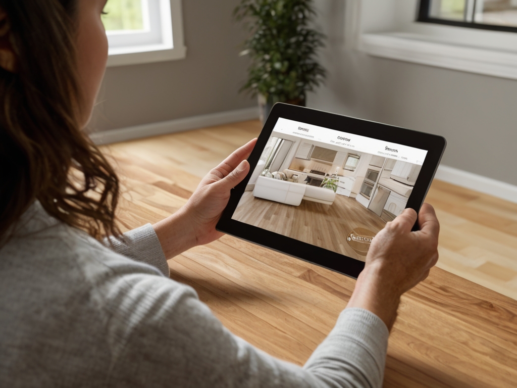 A person using an online home visualizer tool on a tablet, comparing different flooring options in a virtual room setup.