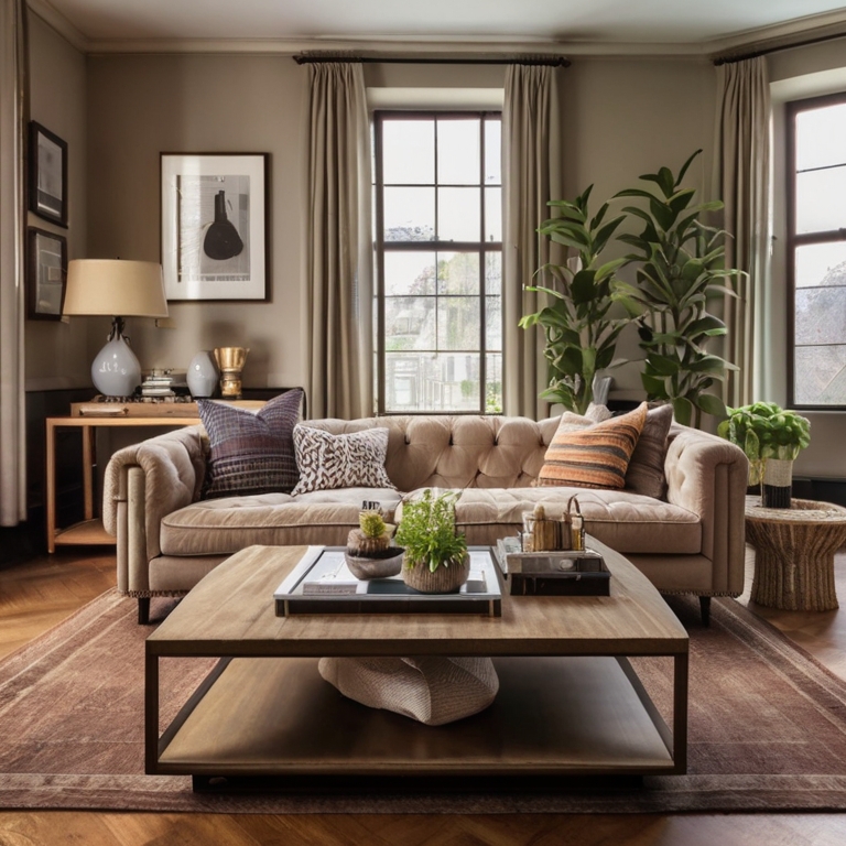 A stylish living room featuring a modern sofa paired with a vintage coffee table and eclectic decor, showcasing a mix-and-match style.