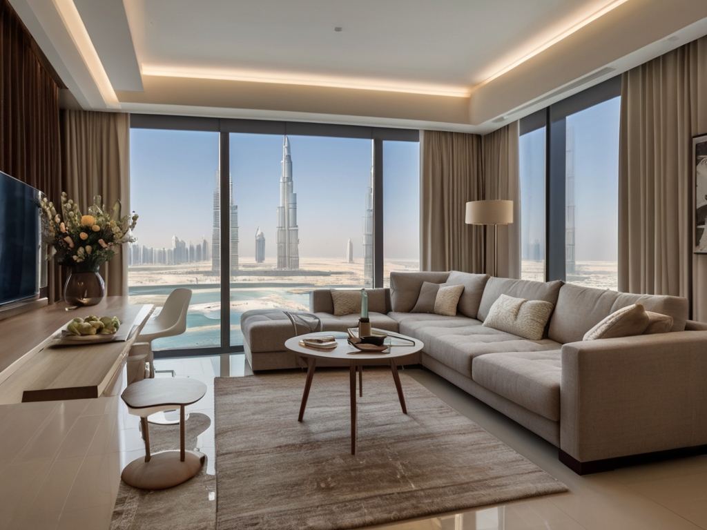 A stylish living room featuring a multi-functional sofa bed and a dining table that doubles as a workspace, set in a modern Dubai apartment.