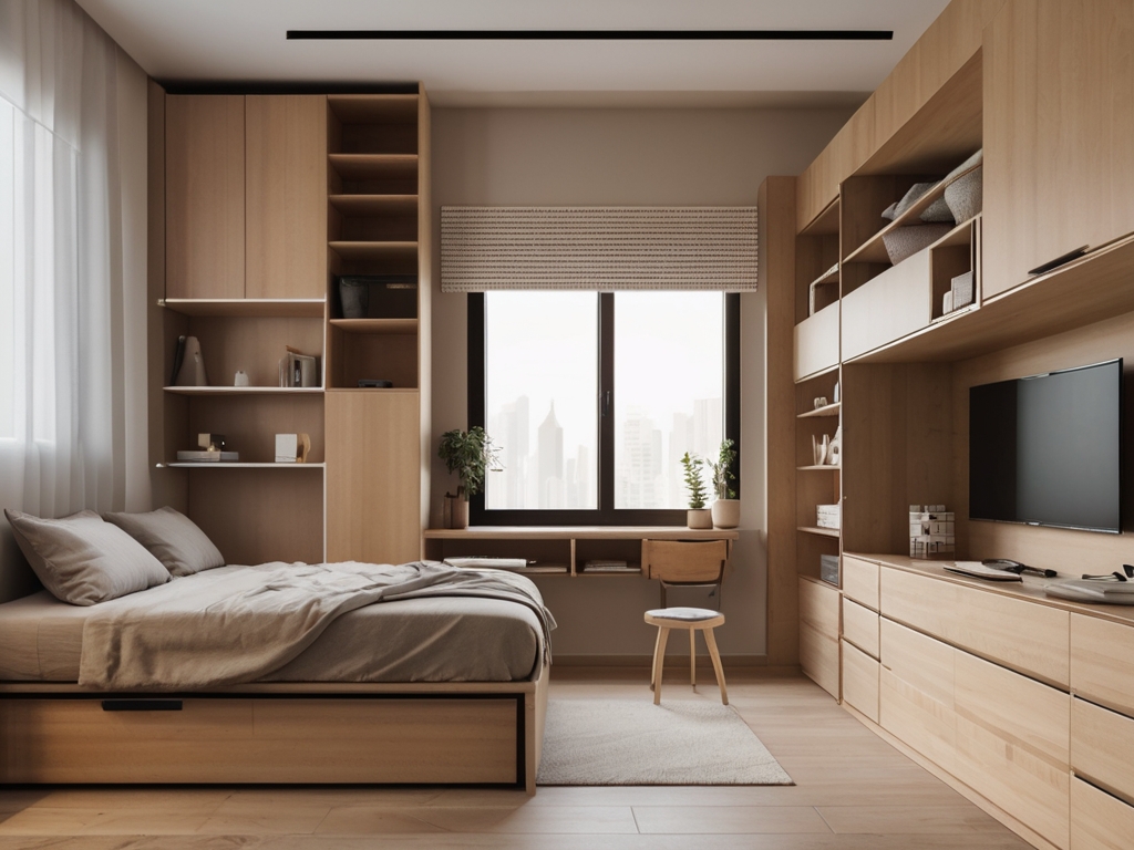 A tidy, minimalist bedroom with under-bed storage and built-in shelves, demonstrating smart storage solutions in a Dubai apartment