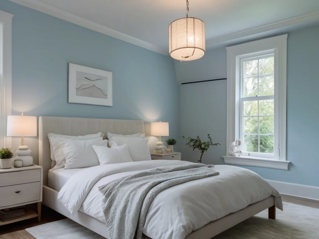 A tranquil bedroom with light blue walls, white furniture, and soft lighting, evoking a sense of calm and serenity