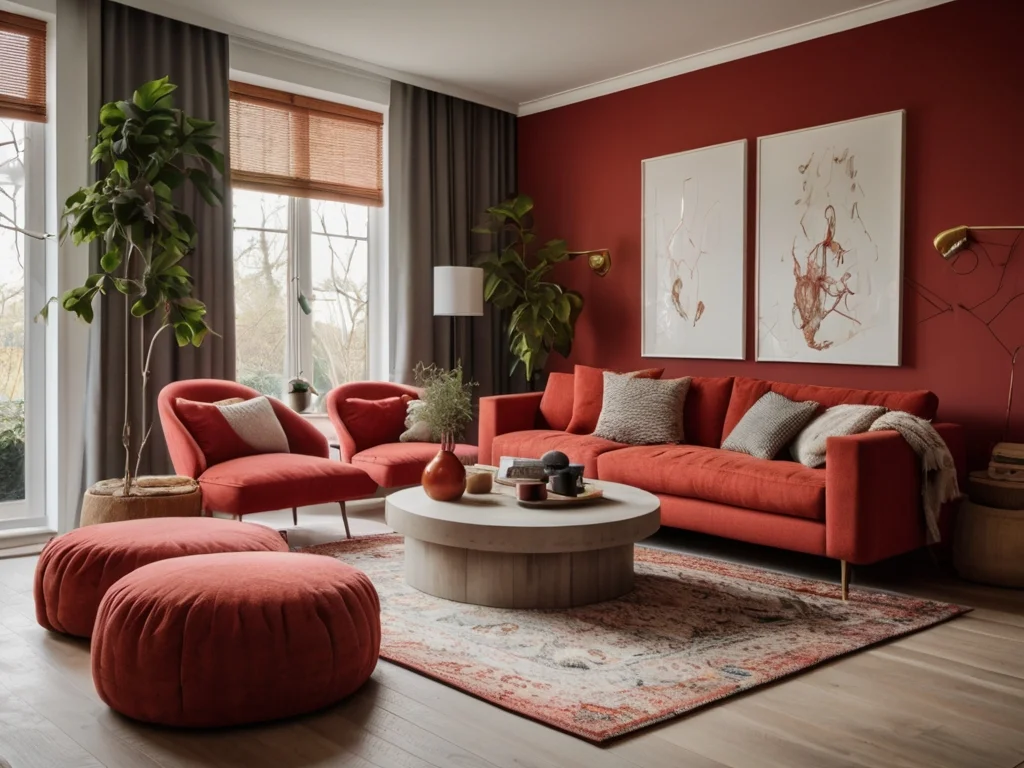 A vibrant living room with red accents, including cushions, rugs, and a feature wall, creating an energetic and passionate atmosphere