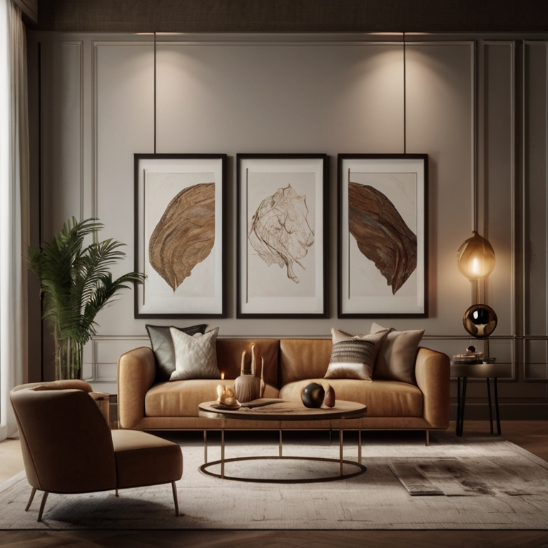 A wall with curated artwork and accessories.