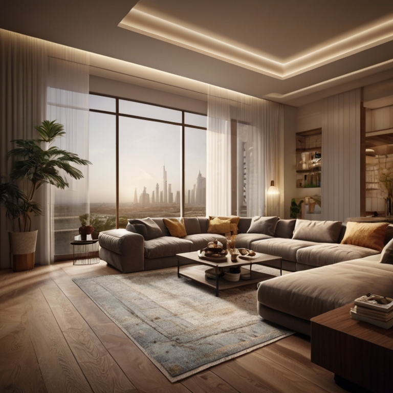 Open-concept living area with hardwood floors and matching area rugs.