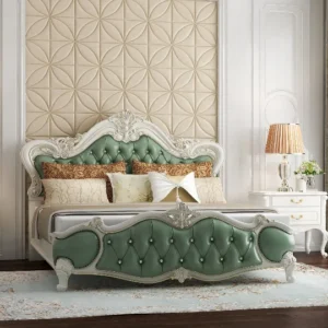 A bedroom with a green and white bed, a nightstand, and a lamp.