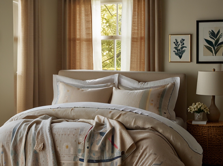 A breezy bedroom with linen-cotton blend bedding and curtains, providing a soft, breathable, and stylish look perfect for warm weather.