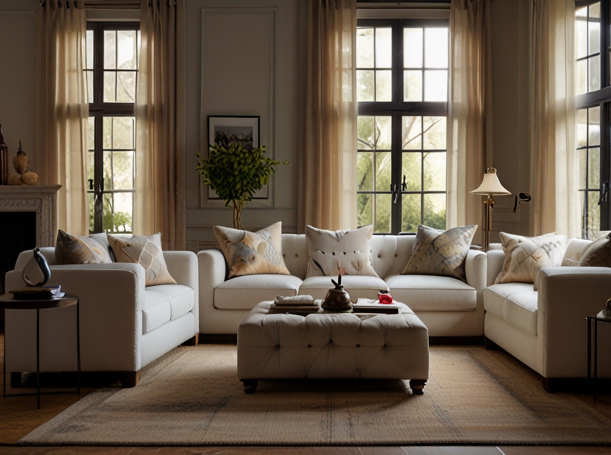 A cozy living room with polycotton upholstered sofas, durable and easy-to-maintain, featuring a mix of contemporary and traditional decor.