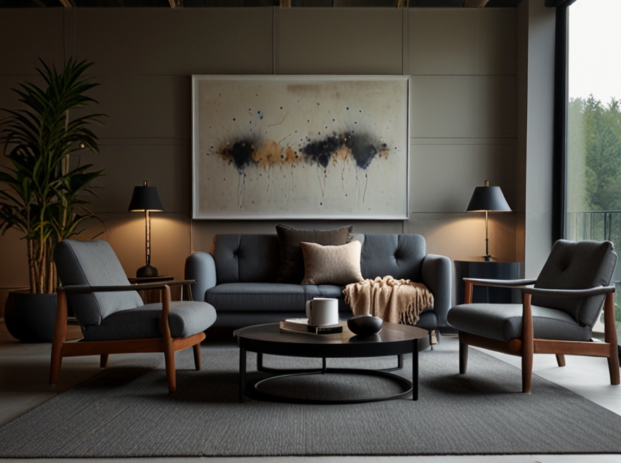 A stylish lounge area with wool-polyester blend throws and upholstery, offering warmth and comfort with a contemporary design.