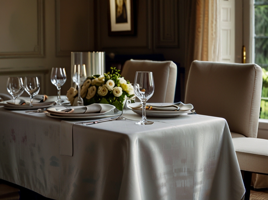 An elegant dining area with silk-cotton blend table linens and cushions, combining luxury and comfort for a sophisticated look.
