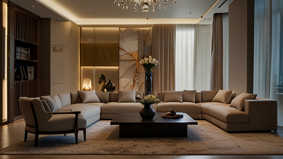 Create an image of a balanced living room in a Dubai villa, featuring layered lighting. The room should include ambient lighting from a central chandelier, task lighting from table lamps, and accent lighting highlighting a custom-made sofa and wall art.