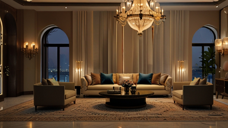 Create an image of a luxurious Majlis in Dubai, with warm, ambient lighting provided by an elegant chandelier and recessed ceiling lights. The room should feature custom-made sofas and a coffee table, with the light gently illuminating the space.