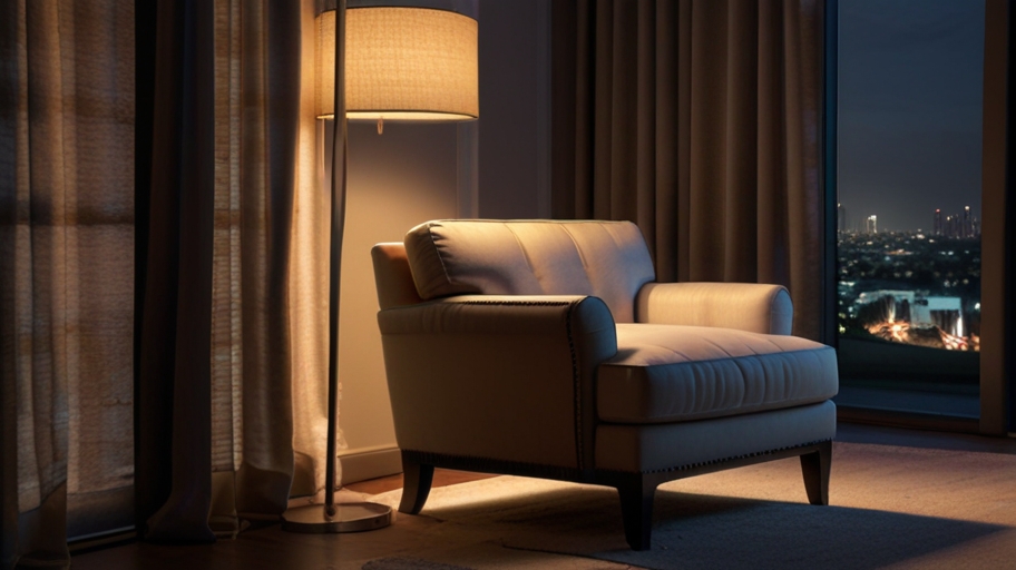 image of a cozy corner in a Dubai home, featuring a custom-made armchair with a sleek, modern floor lamp providing focused light for reading. The background should be a warm, inviting space with other luxury furniture subtly illuminated.