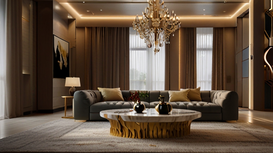 image of a luxurious living room in the UAE with accent lighting focused on a custom-made, intricately designed coffee table. The lighting should create shadows and highlights that enhance the table’s craftsmanship and materials.