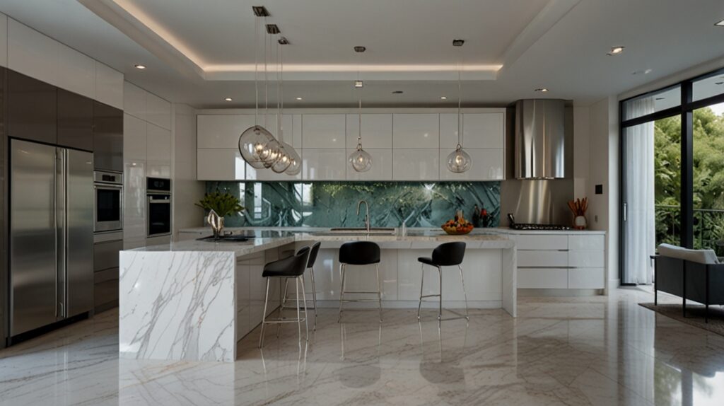 image of a contemporary kitchen featuring glossy white cabinets, a polished marble island, and glass backsplash tiles. The room should feel bright, spacious, and modern, with the glossy surfaces reflecting light and adding a sleek, sophisticated edge.