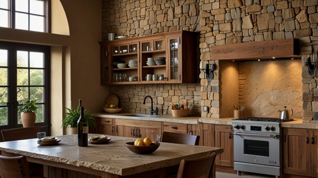 an image of a kitchen with rough stone countertops and a matching stone feature wall. The design should incorporate other rustic elements like wooden cabinetry and wrought iron fixtures, creating a warm and earthy ambiance.