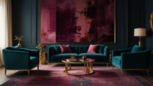 image of a luxurious velvet sofa in a deep jewel tone, placed in a living room setting with other rich textures like a silk rug and polished metal accents. The overall look should be one of elegance and comfort.